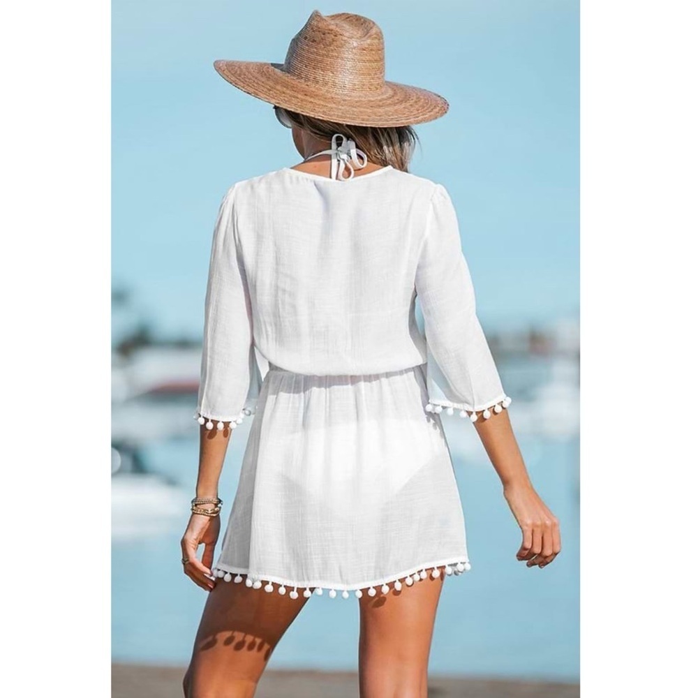 CUPSHE Lace-Up Tassel Cover Up Dress White Semi Sheer Woven Womens Sz M/L New - Picture 2 of 8